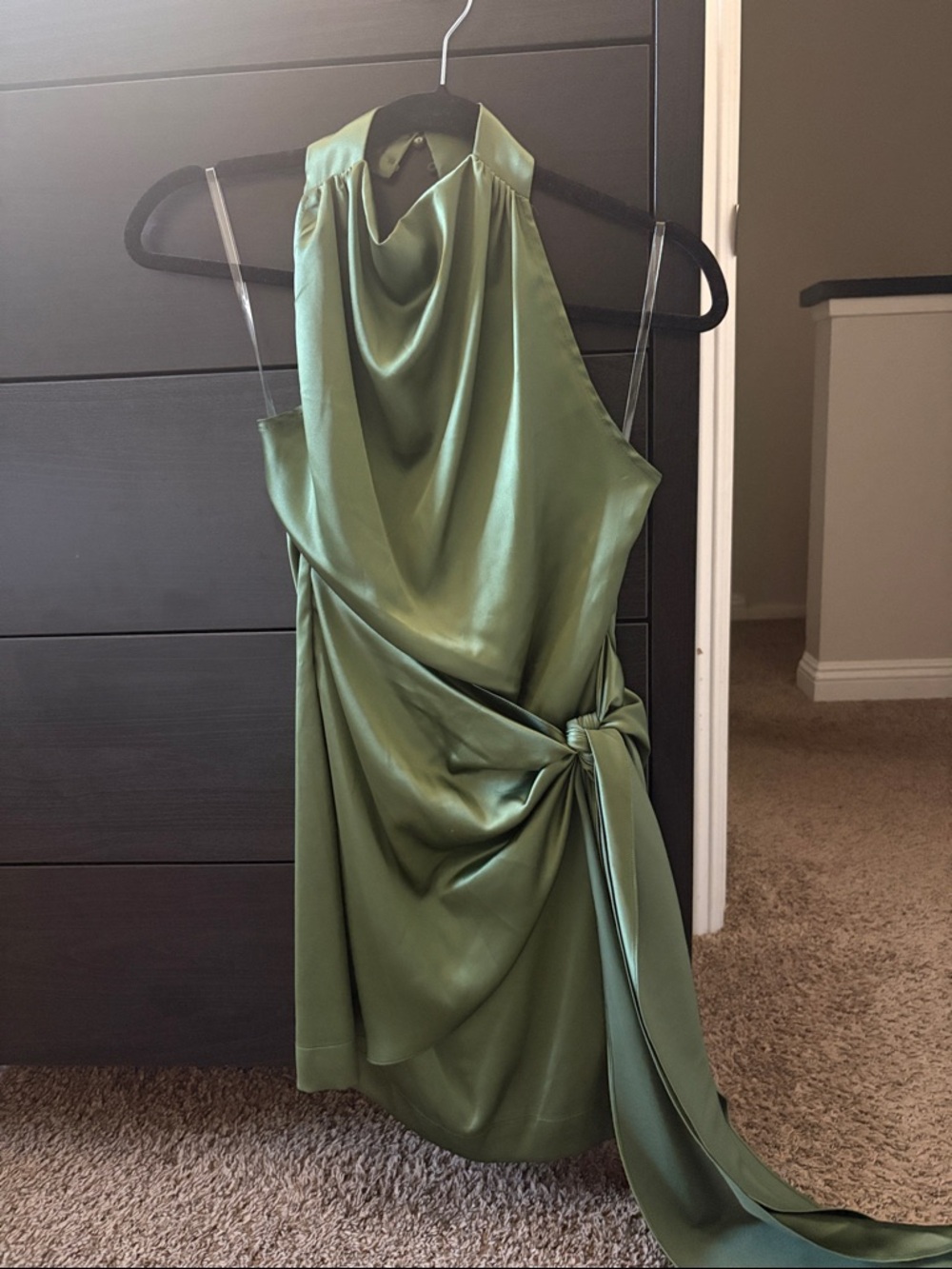 Fashion Nova Olive Green Satin Halter Knot Mini Dress